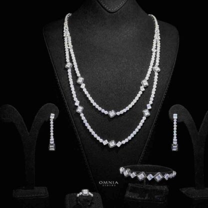 Omnia Thekra Bridal Black & White Long chain Set Accessories High Quality Zircon Stone In Rhodium Plated