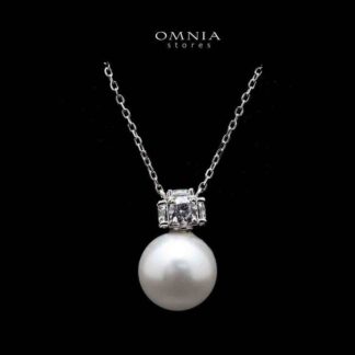 Omnia Belle White Pearl Necklace In 92.5 Silver High Quality Simulated Diamonds