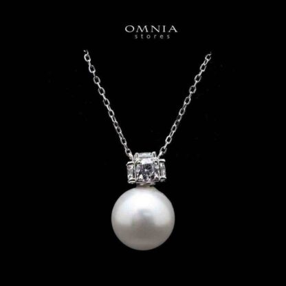 Omnia Belle White Pearl Necklace In 92.5 Silver High Quality Simulated Diamonds