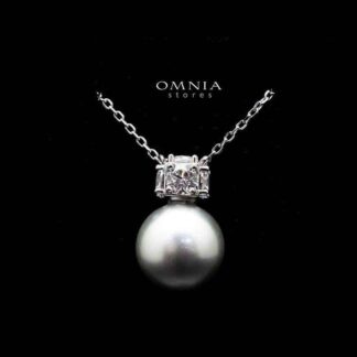 Omnia Belle Silver Pearl Necklace In 92.5 Silver High Quality Simulated Diamonds
