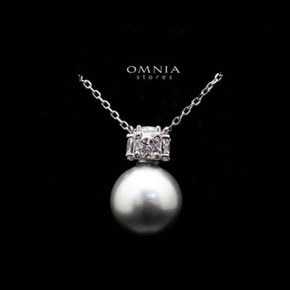Omnia Belle Silver Pearl Necklace In 92.5 Silver High Quality Simulated Diamonds