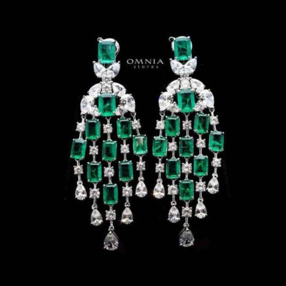 Omnia Israa Green Chandelier Earrings In 92.5 Silver High Quality Simulated diamonds
