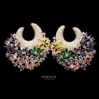 Omnia Layla Golden Floral Crescent Hoop Earrings with Multicolor Zircon Accents in High Quality Zircon Stone Rhodium Plated