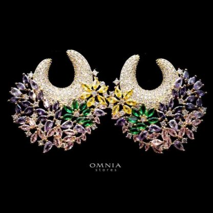Omnia Layla Golden Floral Crescent Hoop Earrings with Multicolor Zircon Accents in High Quality Zircon Stone Rhodium Plated