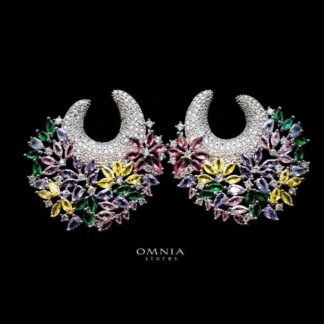 Omnia Layla Silver Floral Crescent Hoop Earrings with Multicolor Zircon Accents in High Quality Zircon Stone Rhodium Plated