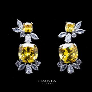 Omnia Francine Drop Earrings with Radiant Yellow Cushion Cut and Brilliant White Accents In High Quality Zircon Stone Rhodium Plated