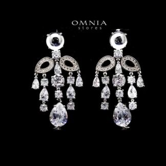 Omnia Mohra Chandelier Earrings with White Zircon Drops in High Quality Zircon Rhodium Plated