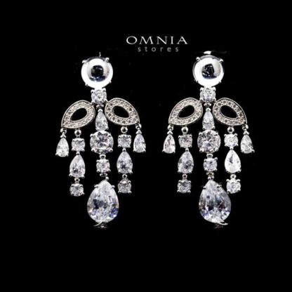Omnia Mohra Chandelier Earrings with White Zircon Drops in High Quality Zircon Rhodium Plated