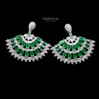 Omnia Nancy Fan Shaped Earrings with Green Zircon Stone in High Quality Rhodium Plated