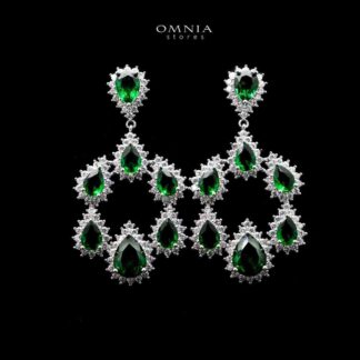 Omnia Hamem Teardrop Chandelier Earrings with Green Zircon in High Quality Rhodium Plated - Green