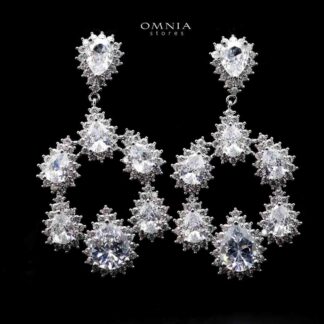Omnia Hamem Teardrop Chandelier Earrings with White Zircon in High Quality Rhodium Plated
