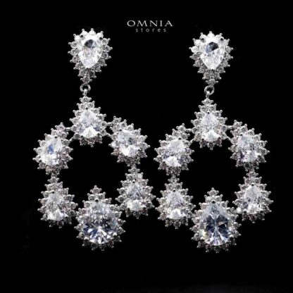 Omnia Hamem Teardrop Chandelier Earrings with White Zircon in High Quality Rhodium Plated