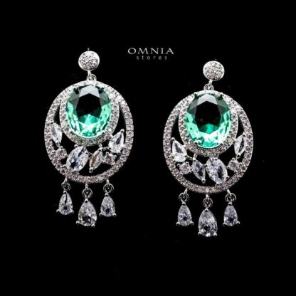 Omnia Rola Emerald Drop Earrings with White Zircon Accents in High Quality Rhodium Plated