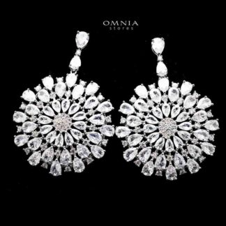 Omnia Inah Sunburst Chandelier Earrings with Pure White Zircon Stone in High Quality Rhodium Plated