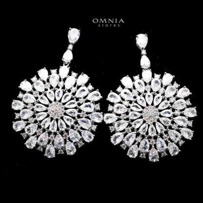 Omnia Inah Sunburst Chandelier Earrings with Pure White Zircon Stone in High Quality Rhodium Plated