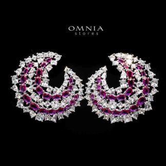 Omnia Salma Crescent Earrings with Maroon and White Zircon in High Quality Rhodium Plated