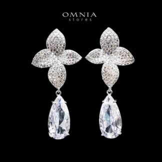 Omnia Ameera Floral Drop Earrings with White Zircon Stone in High Quality Rhodium Plated