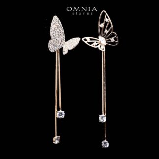 Omnia Basma Butterfly Rose Gold Long Drop Earrings in 92.5 Silver With High Zircon Stone