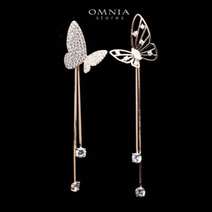 Omnia Basma Butterfly Rose Gold Long Drop Earrings in 92.5 Silver With High Zircon Stone