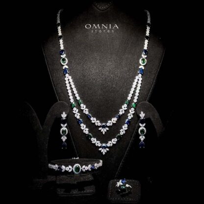 Omnia Jade Blue and Green Bridal Long Chain Set Accessories in High Quality Zircon Stone Rhodium Plated (Only available in KSA)