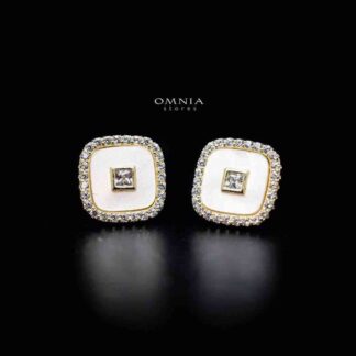 Omnia Camilla Golden Square Stud Earrings in 925 Silver with High Quality Iced Cut Stones