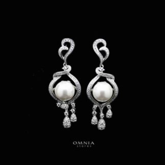Omnia Amara White Pearl Drop Earrings in 92.5 Silver with High Quality Simulated Diamonds