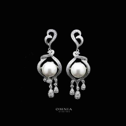 Omnia Amara White Pearl Drop Earrings in 92.5 Silver with High Quality Simulated Diamonds