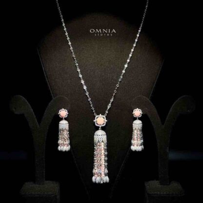 Omnia Yasmin Pink Long Chain Tassel Necklace & Earrings in 92.5 Silver with High Quality Simulated Diamonds