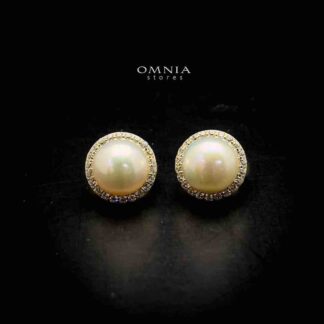 Omnia Dalal Gold Pearl Clip-On Earrings with Iced Cut Stones in High Quality 92.5 Silver