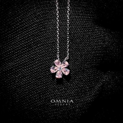 Omnia Pink Blossom Necklace In 92.5 Silver with High Quality Simulated Diamonds