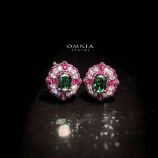 Omnia Maliya Green and Pink Earrings in 92.5 Silver with High Quality Simulated Diamonds