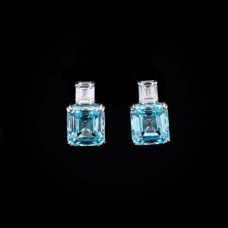 Omnia Candice Sky blue Emerald Cut Clip-On Earrings in 92.5 Silver with High Quality Simulated Diamonds