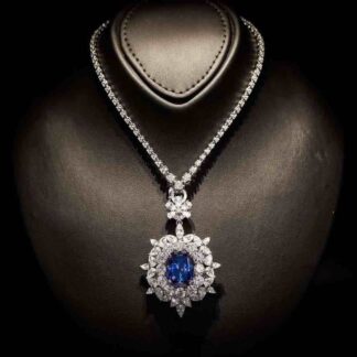 Omnia Dahlia Oval-Cut Blue Necklace in 92.5 Silver with High-Quality Simulated Diamonds