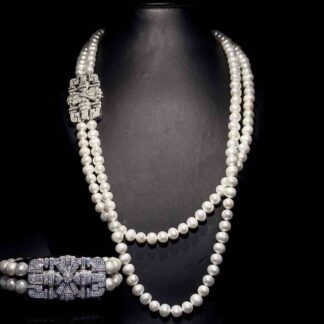 Omnia Madison Pearl Double-Layer Necklace and Bracelet Set with Intricate Diamond-Embedded Clasp in 92.5 Silver and High-Quality Simulated Diamonds