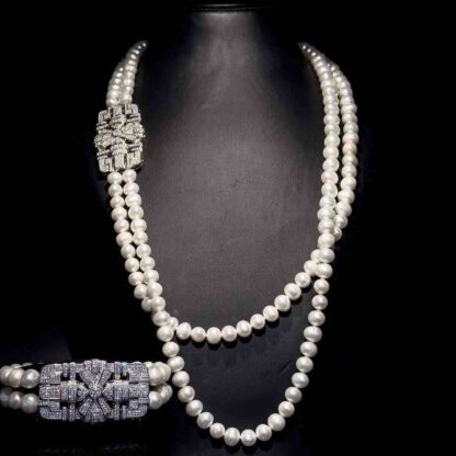 Omnia Madison Pearl Double-Layer Necklace and Bracelet Set with Intricate Diamond-Embedded Clasp in 92.5 Silver and High-Quality Simulated Diamonds