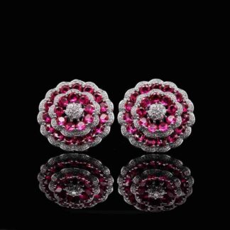 Omnia Floral Halo Earrings with Ruby Red Simulated Diamonds in 92.5 Silver