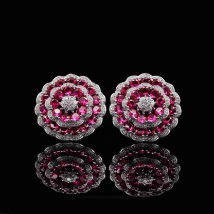 Omnia Floral Halo Earrings with Ruby Red Simulated Diamonds in 92.5 Silver