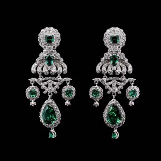 Omnia Amani Chandelier Earrings with Emerald Green Simulated Diamonds in 92.5 Silver