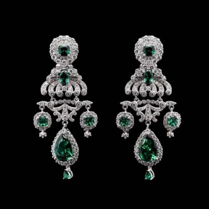 Omnia Amani Chandelier Earrings with Emerald Green Simulated Diamonds in 92.5 Silver
