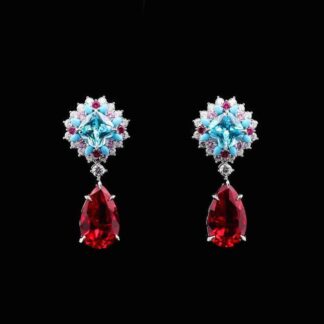 Omnia Radiant Drop Earrings with Sky Blue and Ruby Red Teardrop Stones in 92.5 Silver
