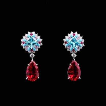 Omnia Radiant Drop Earrings with Sky Blue and Ruby Red Teardrop Stones in 92.5 Silver