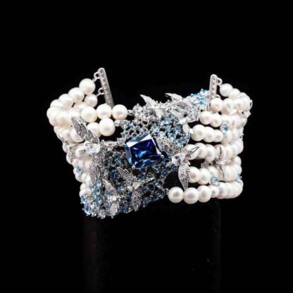 Omnia Blue Butterfly Pearl Bracelet in 92.5 Silver with High Quality Simulated Diamonds