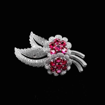 Omnia Ruby Floral Brooch in 92.5 Silver with High Quality Simulated Diamonds