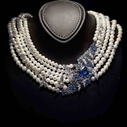 Omnia Blue Butterfly Pearl Necklace in 92.5 Silver with High Quality Simulated Diamonds