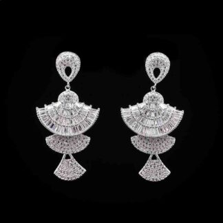 Omnia White Fan Design Drop Earrings with High-Quality Zircon Stones in Rhodium Plated