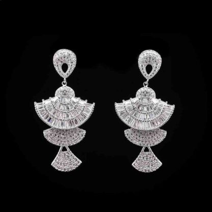 Omnia White Fan Design Drop Earrings with High-Quality Zircon Stones in Rhodium Plated