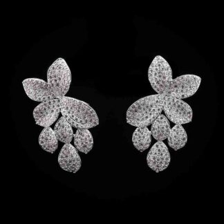 Omnia White Floral Drop Earrings with High-Quality Zircon Stones in Rhodium Plated