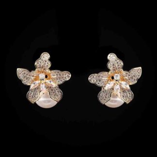 Omnia Golden Orchid Earrings with High-Quality Zircon Stones and Pearl in Rhodium Plated