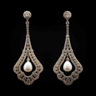 Omnia Golden Teardrop Earrings with High-Quality Zircon Stones and Pearl in Rhodium Plated