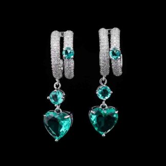 Omnia Emerald Heart Drop Earrings in High-Quality Green Zircon Stone with Double Hoop Design in Rhodium Plated